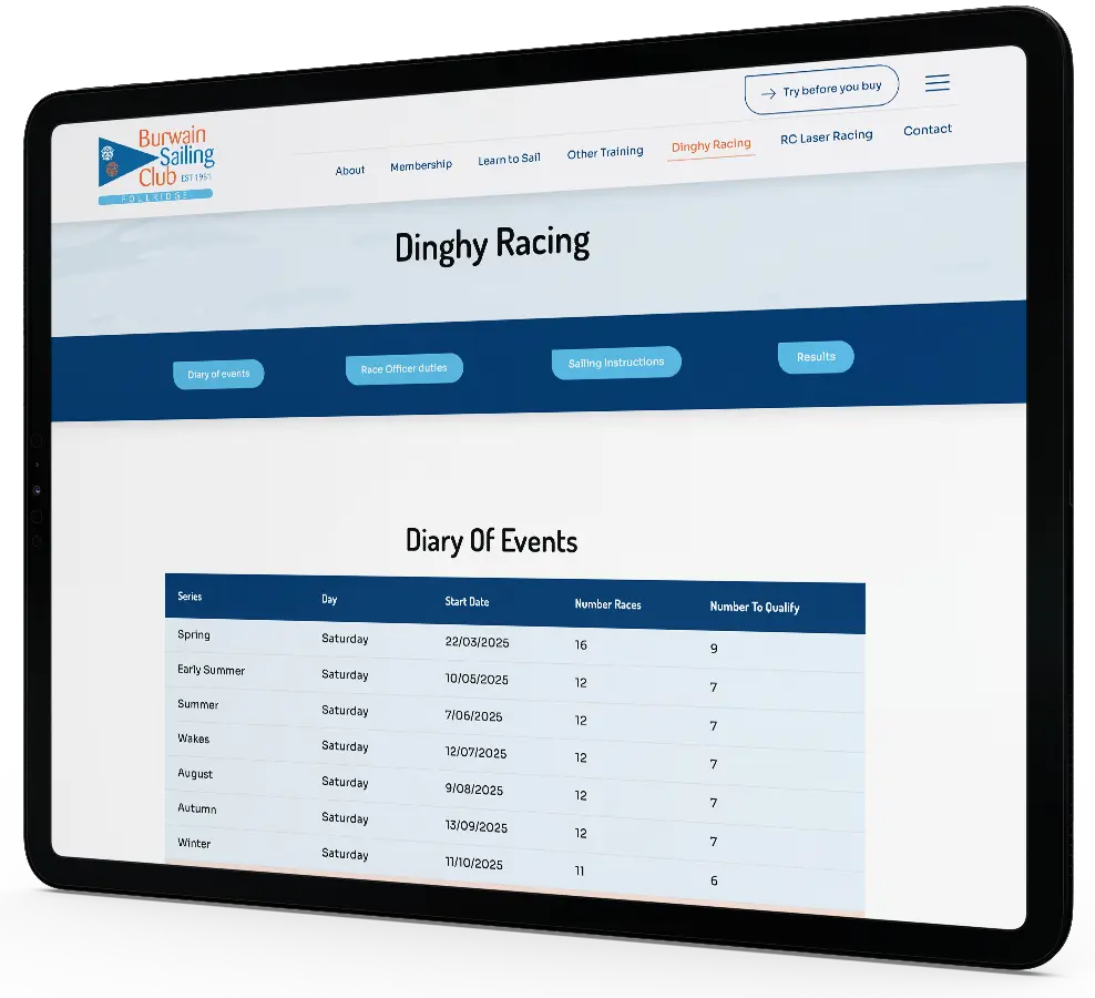 Lancashire Web Design for Burwain Sailing Club, Foulridge